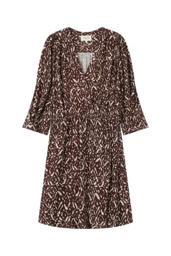 Vestido curto de manga 3/4 com decote em V e estampado abstrata bicolor