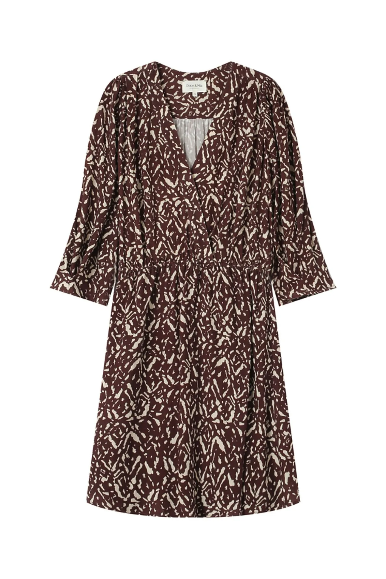 Vestido curto de manga 3/4 com decote em V e estampado abstrata bicolor