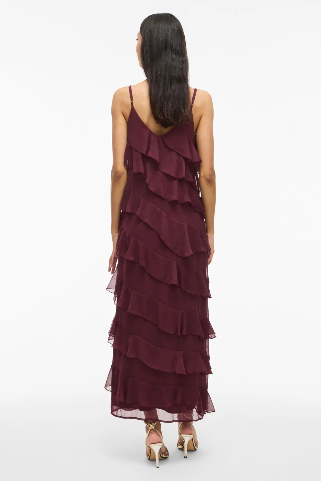 Vestido de festa midi com babados