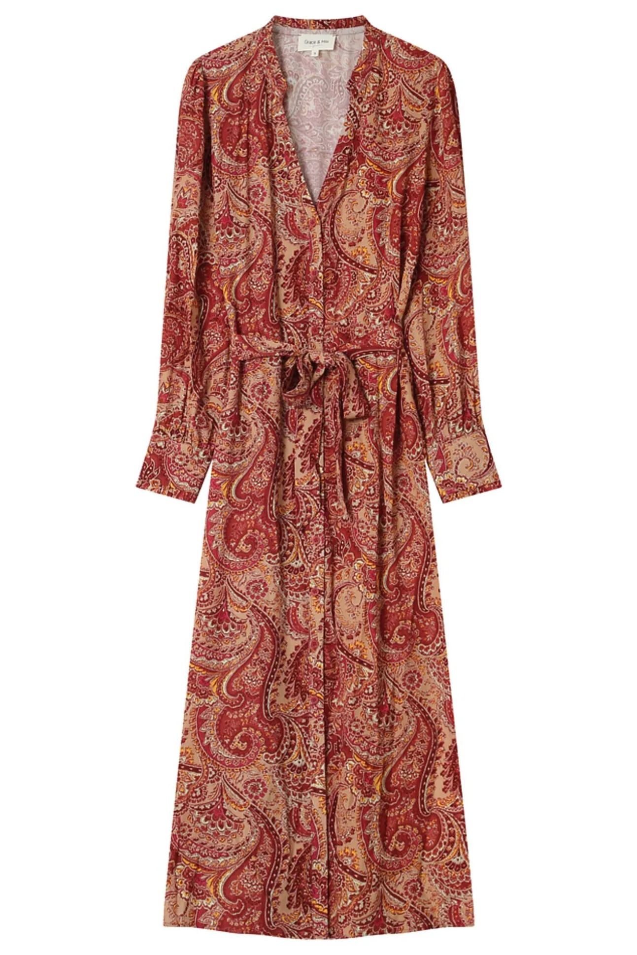 Vestido longo com estampado de motivos boêmios