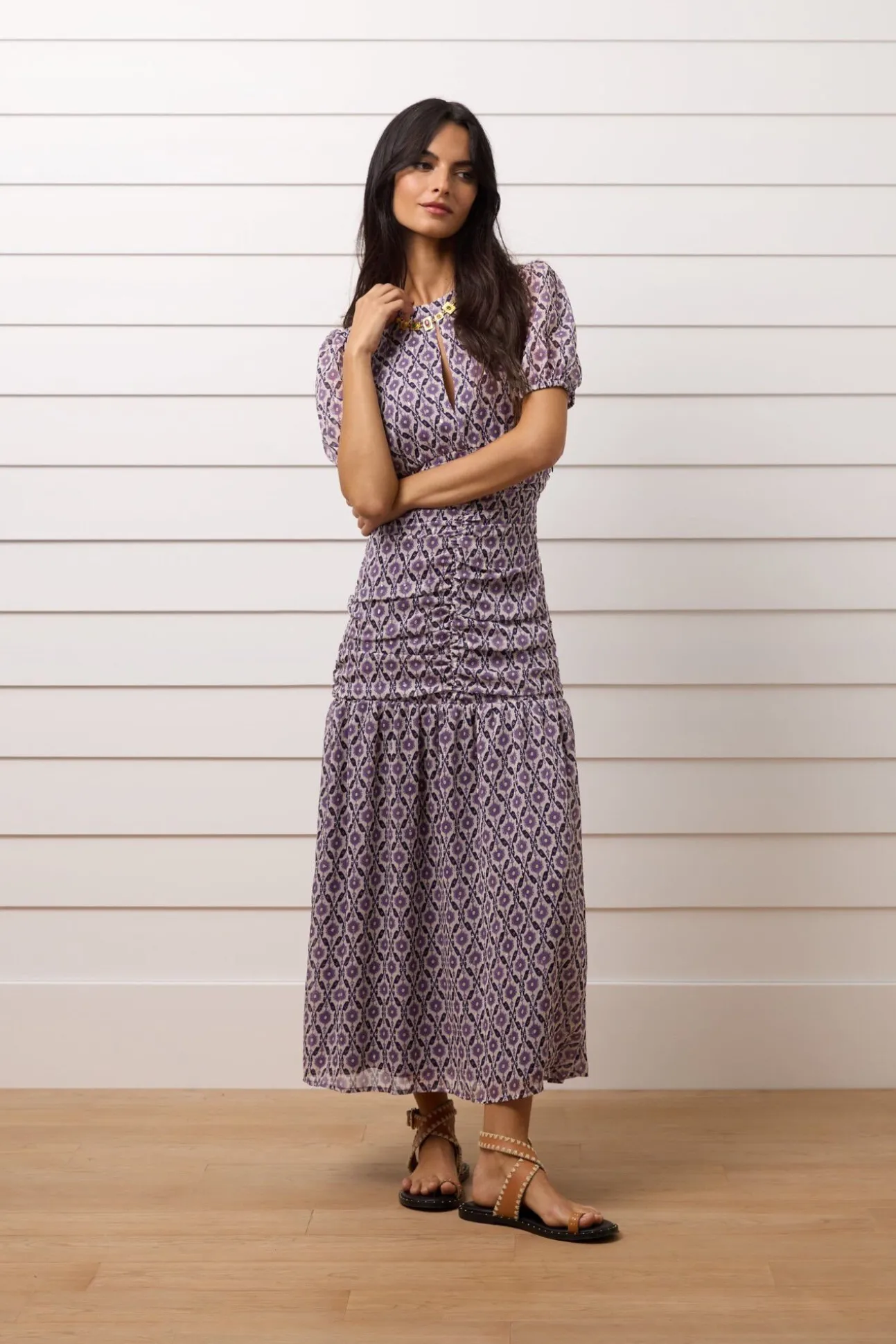 Vestido longo estampado franzido