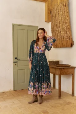 Vestido longo Teresa com estampado de ruibarbo