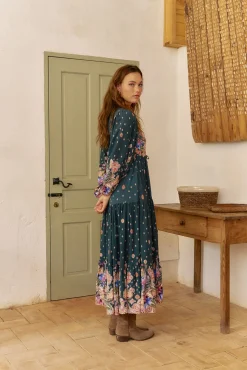 Vestido longo Teresa com estampado de ruibarbo