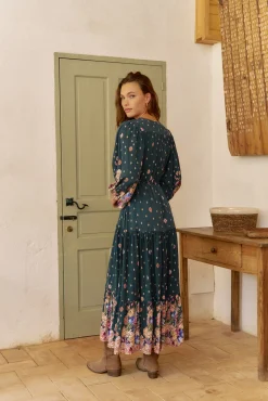 Vestido longo Teresa com estampado de ruibarbo