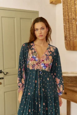 Vestido longo Teresa com estampado de ruibarbo
