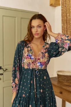 Vestido longo Teresa com estampado de ruibarbo