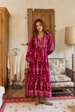 Vestido longo Teresa com estampado de ruibarbo