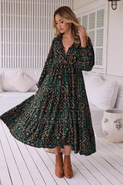 Vestido midi com estampado esmeralda Eve