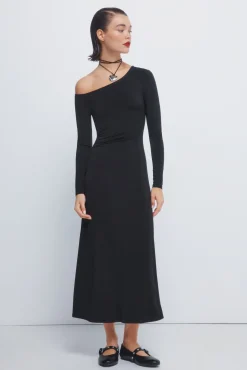 Vestido midi drapeado com decote assimétrico