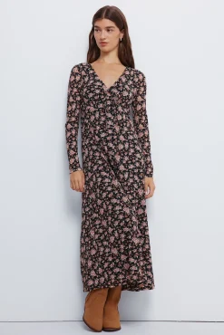 Vestido midi floral com decote laço